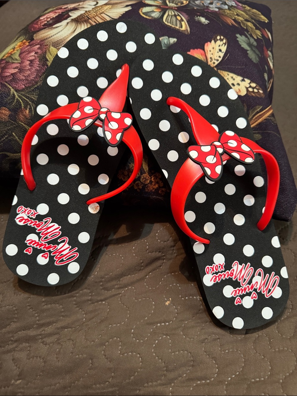 Polka Dot Flip Flops with Red Bow Accents